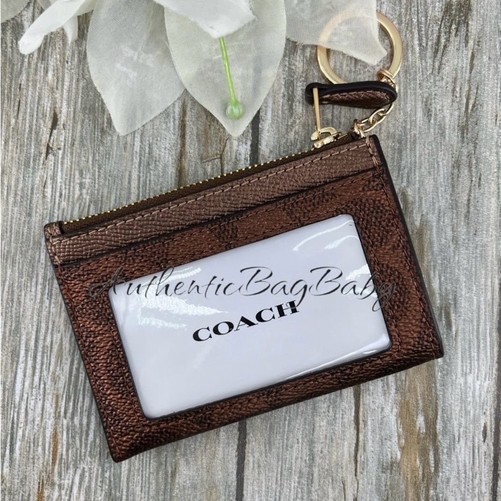 Coach Mini Skinny Keychain Id Case In Signature Canvas & Copper Metallic Wallet - Picture 3 of 6